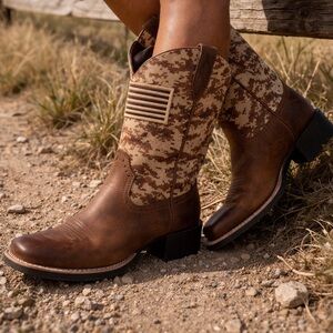 Ariat Brown Leather Western Boots with Camouflage patrotic